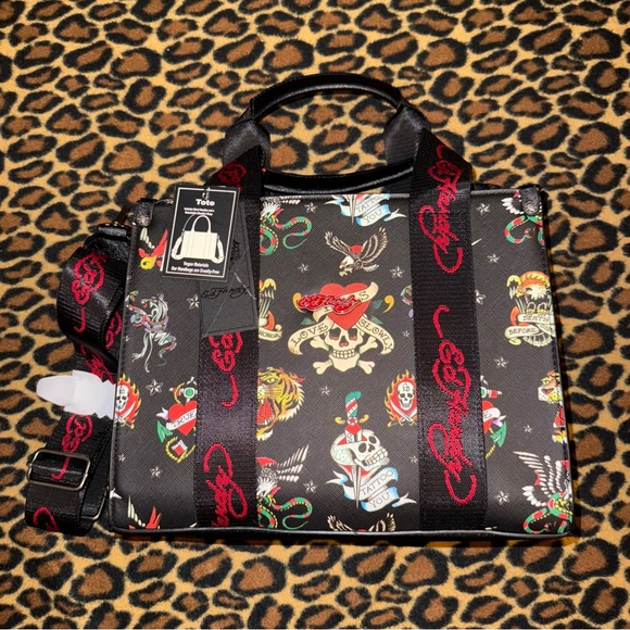 NWT Ed Hardy Black Red Logo Tattoo Skull Graphic Tote W Crossbody Strap - Picture 1 of 5